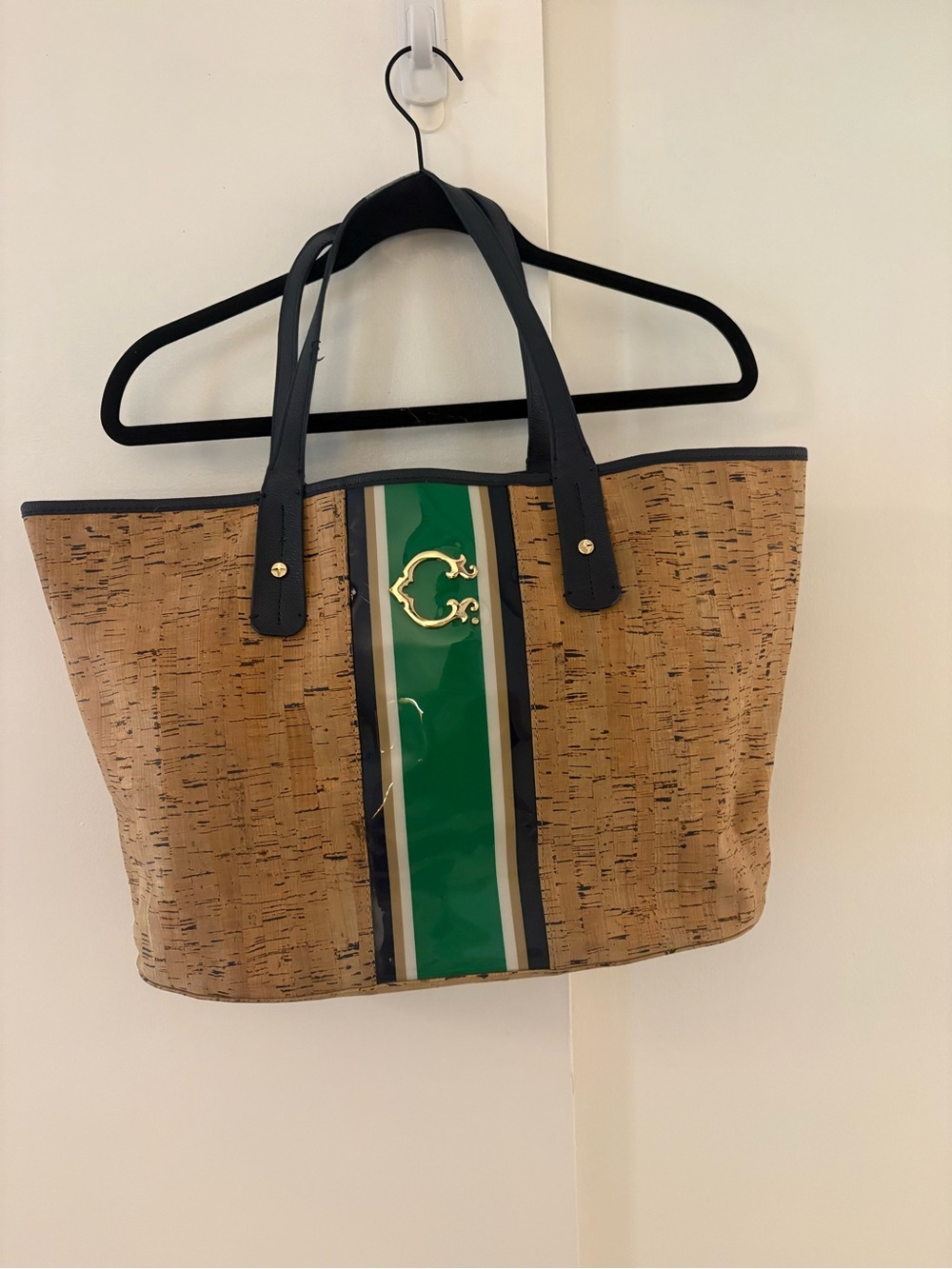 C. Wonder Cork Tote with Green Center Stripe and Navy Trim